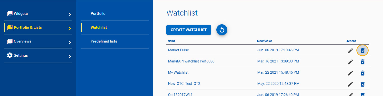 Deleting a watchlist from the Trading Dashboard's main menu.